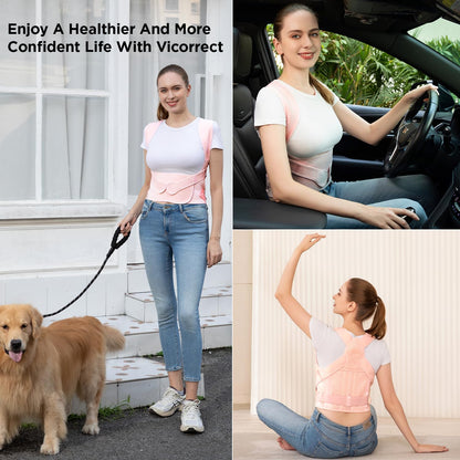 Vicorrect Posture Corrector for Women and Men: Back Support Brace Relieve Upper Back Shoulders Pain (Pink, Medium)
