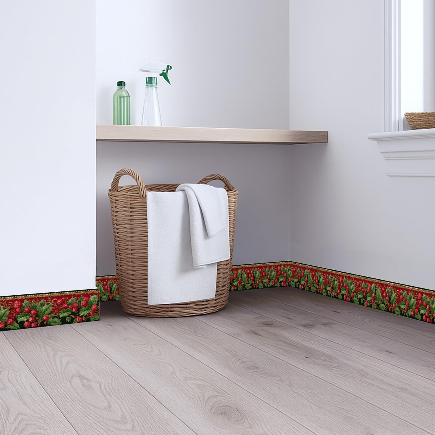 IOHEFY Christmas Red Berry Wallpaper Border 196x4 Inch Peel and Stick Wall Border Self Adhesive Holiday Green Leaf Removable Vinyl Trim for Living Room Bedroom Bathroom Kitchen Cabinet Decoration