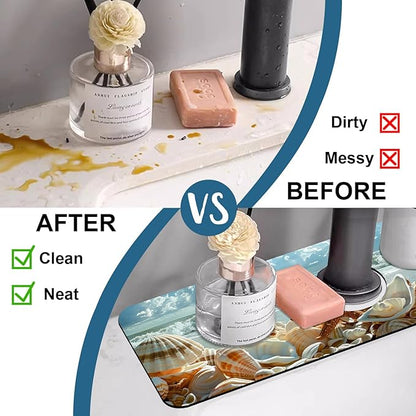 Beach Kitchen Sink Splash Guard Faucet Mat Shells Starfish Waves Super