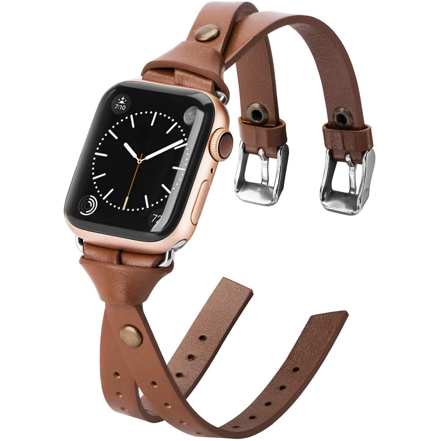 Minyee Leather Band Compatible with Apple Watch Bands 38/40/41/42mm Women, Slim Double Knotted Fasten with Rivet Stylish Dressy Strap for iWatch Series 11 10 9 8 7 6 5 4 SE/Ultra 3 2 1, Light Brown