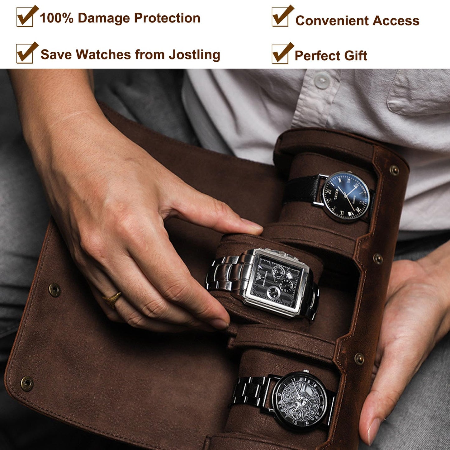 Acidea Genuine Leather Watch Roll Travel Case, Travel Watch Case for Men, Leather 3-Watches Roll Case for Bracelets, Portable Watch Storage Organizer with Removable Pillows