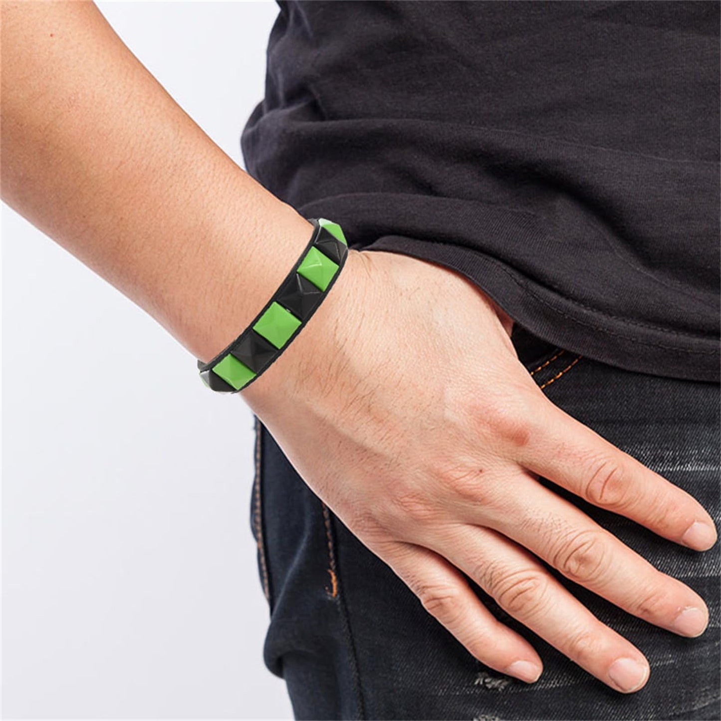 Dreuyet 3 Piece Checkered Leather Bracelet Set Black White PU Wristband Adjustable Gothic Punk Style Halloween Accessories for Men Women (Black Green)