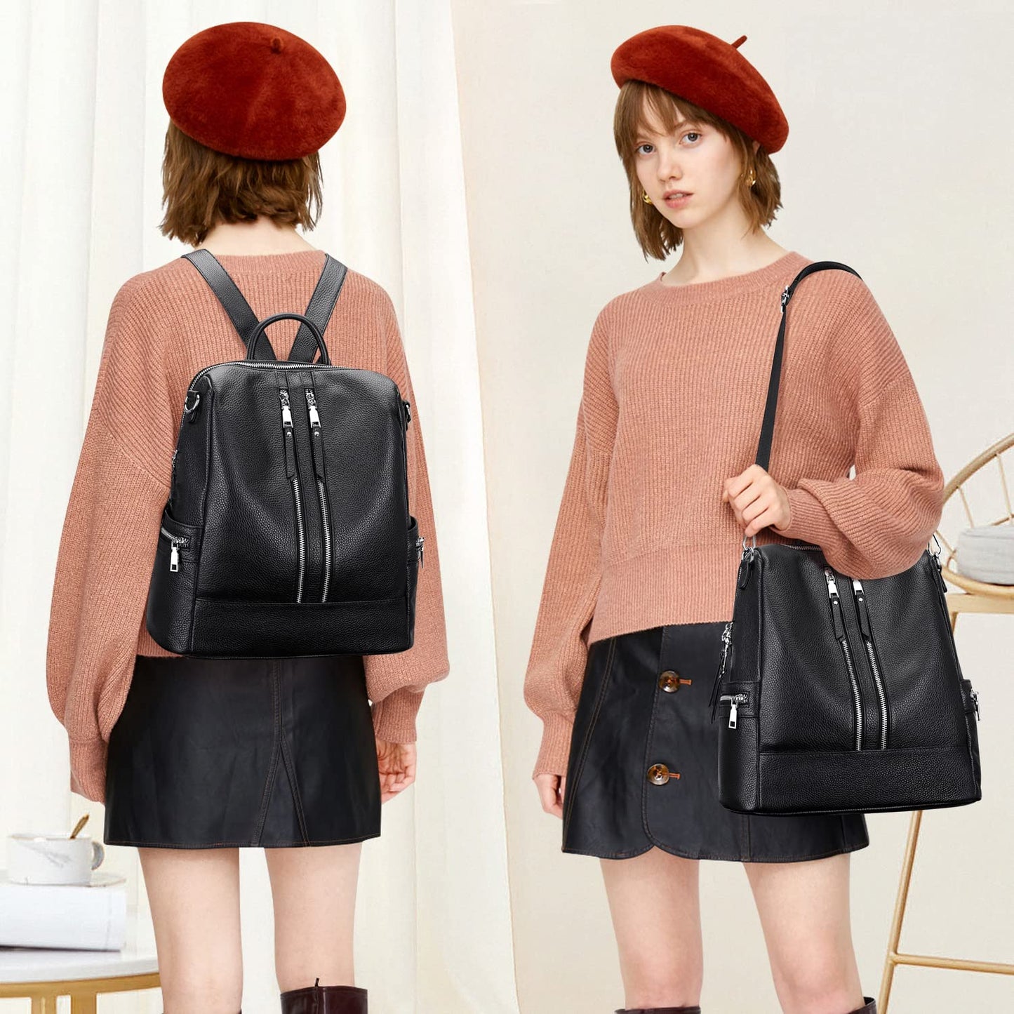 ALTOSY Genuine Leather Backpack Purse for Women Convertible Shoulder Bag Crossbody Bag Elegant Casual Daypacks (S77 Black)