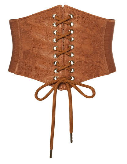 Scarlet Darkness Renaissance Corset Belt Lace-up Tied Waspie Wide Elastic Waist Belts for Women Brown M