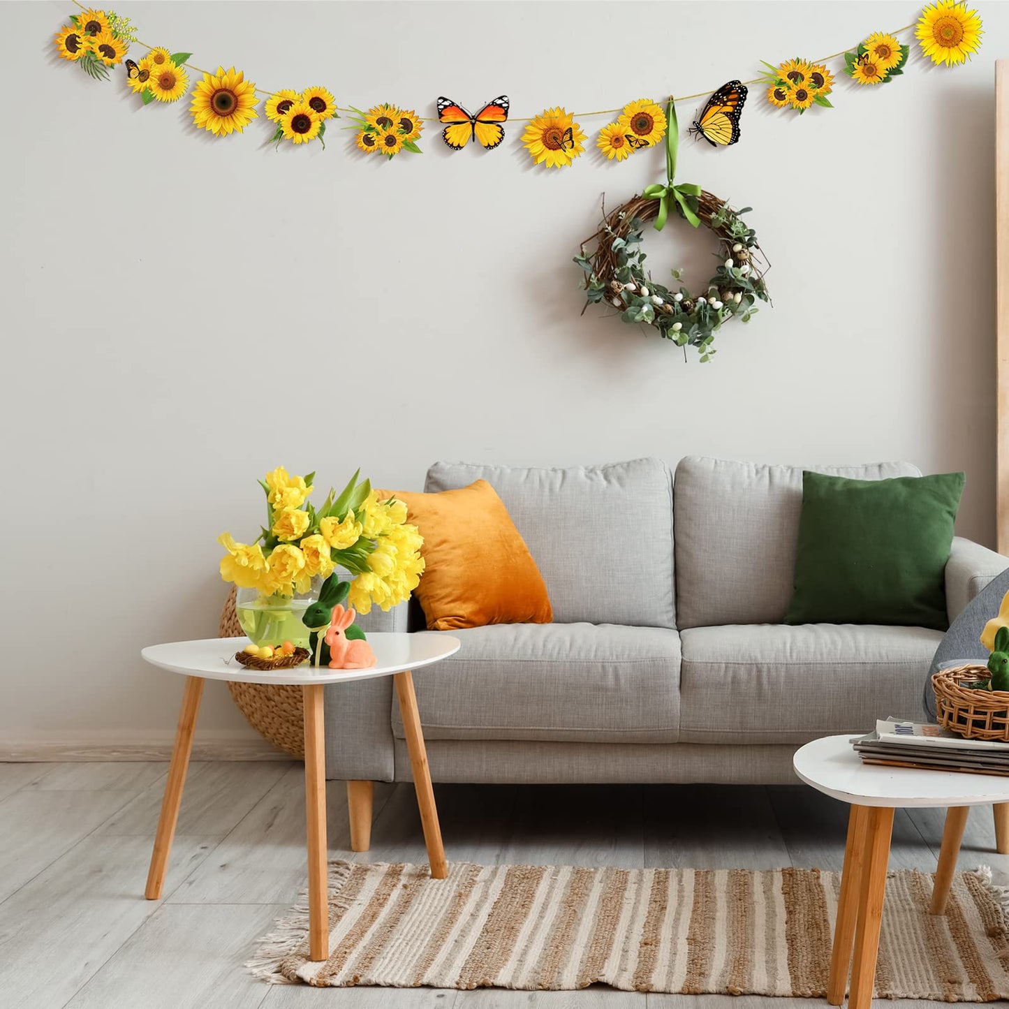 Qunclay 36 Pcs Sunflower Tree Decorations Summer Wooden Ornaments Spring Yellow Flower Butterfly Hanging Ornament Summer Sunflower Wood Pendant with Rope for Small Tree Home Party Decor