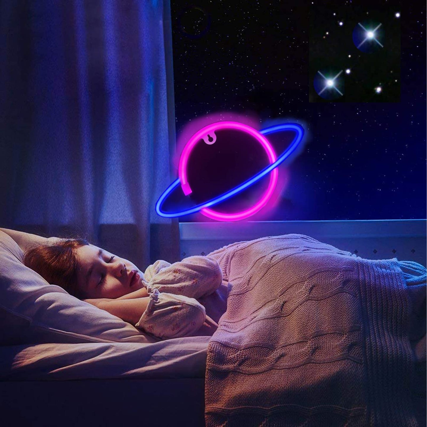 YouokLight planet neon signs for wall decor, LED neon light wall mount USB or battery powered planet light, aesthetic hanging Saturn, planet neon lights for bedroom, game room, pink and blue