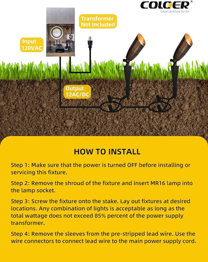 COLOER Die-cast Brass Landscape Spotlights Outdoor with 5W Aluminum Housing LED MR16 Bulb 2700K 450LM,12V AC/DC Low Voltage Lighting, Outdoor Directional Up Light, Spot Lights for Yard(102B,1 Pack)
