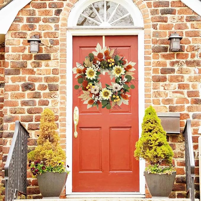20 Inch Fall Sunflower Wreath for Front Door, Artificial Autumn Wreath with Pumpkins, Berries, White Sunflowers and Silk Leaves for Thanksgiving Farmhouse Home Window Wall Office Indoor Outdoor Decor
