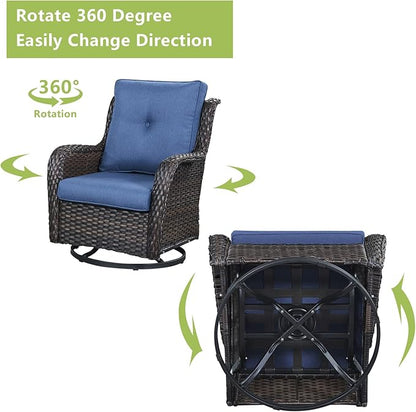 Rilyson Wicker Patio Furniture Set - 6 Piece Rattan Outdoor Sectional Conversation Sets with 2 Rocking Swivel Chairs,2 Ottomans,1 Sofa and 1 Loveseat for Porch Deck Garden(Brown/Blue)