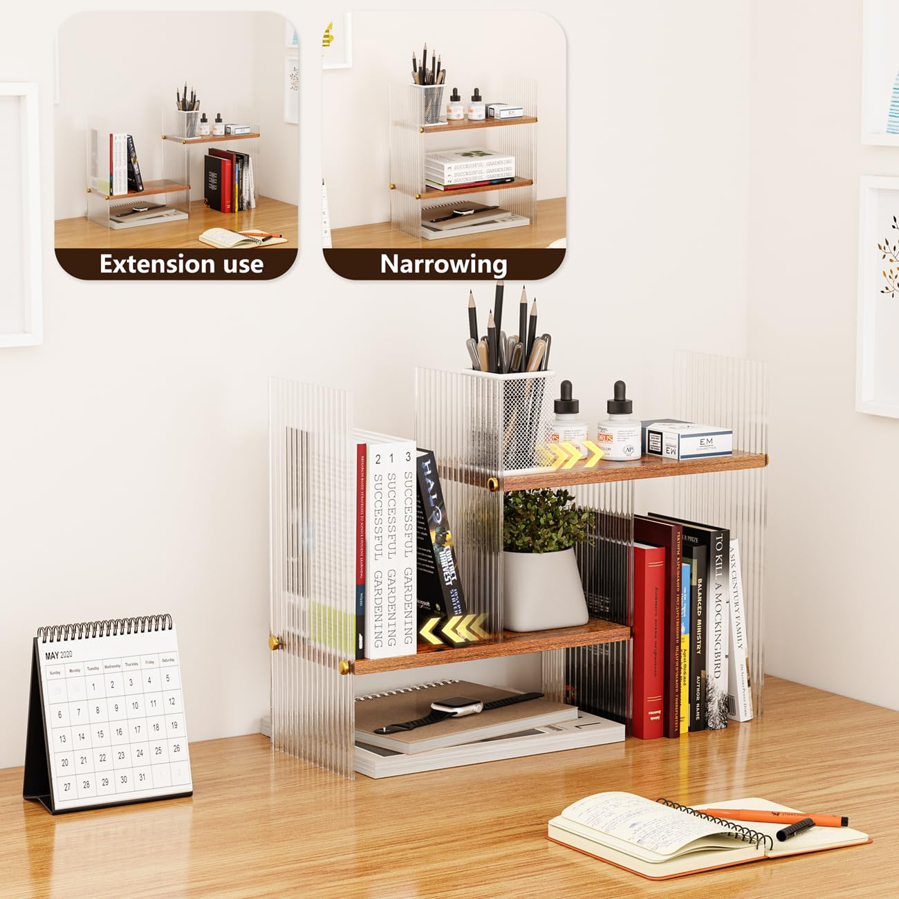 BYCY Double H Display Bookshelf Desktop Organizer Office Storage Rack Desk Expandable Wood Display Shelf with Acrylic Side Board Free Style Display Adjustable Stackable for Home Office (Black Brown)