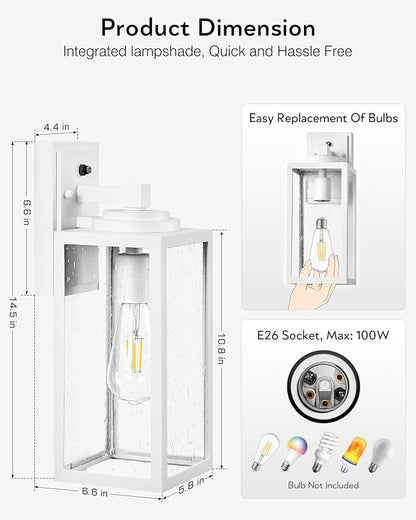 VIANIS 14.5" Dusk to Dawn Outdoor Lighting, White Exterior Light Fixtures with Tempered Seeded Glass, Waterproof Outdoor Wall Light Fixture, Anti-Rust Aluminium Porch Lights Outdoor for Porch, Garage