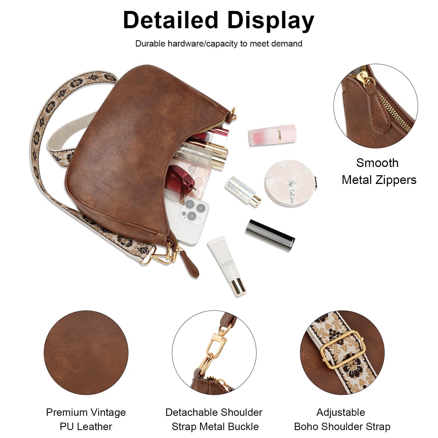 KKXIU Small Cute Purses for Women - Vintage Shoulder Bag, Boho Crossbody Bag with Detachable Ajustable Wide Strap, Trendy Hobo Handbags, PU Leather Clutch Purse (Brown)