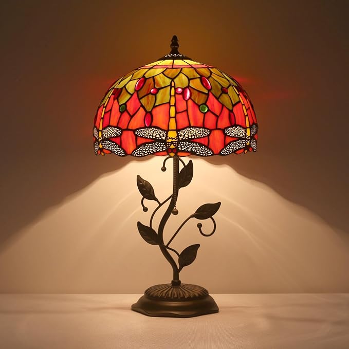 Tiffany Style Table Lamp Handmade Stained Glass Bedside Lamp 12x12x20 inch Metal Leaf Base,Art Glass Lamp for Living Room, Bedroom, Office Decor(Yellow Dragonfly)