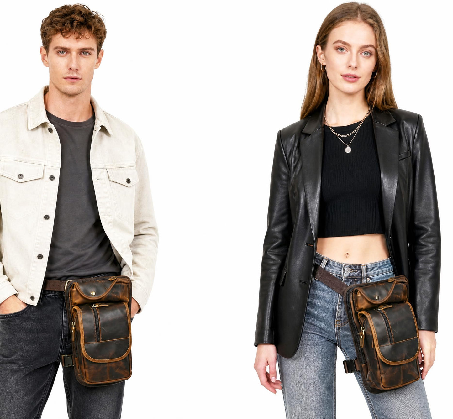 Handadsume Water Resistant Canvas + Leather Motorcycle Travel Fanny Waist Pack Drop Thigh Leg Bag Pouch For Men Women FB913-5 (100% Genuine Leather-X3112 Brown)