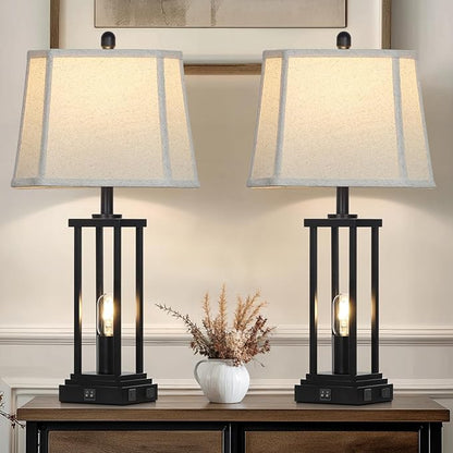 27" Tall Farmhouse Table Lamps with Bell Lampshade, Black Industrial Living Room Lamps Set of 2 with Night Light, Rustic Bedside Lamp with USB C+A Port & AC Outlet, Vintage Bedroom Lamp for Nightstand