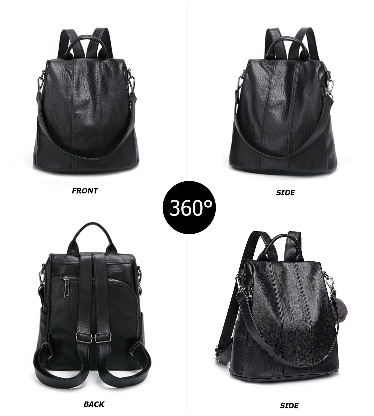 myfriday Vintage Faux Leather Backpack for Women, Soft Rucksack Backpack with Anti-Theft Pocket Convertible Shoulder Handbag (Black)