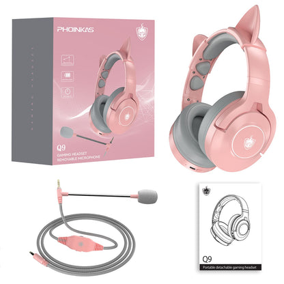 PHOINIKAS PS4 Gaming Headset for PS5, PC, Switch, Q9 Over Ear Gaming Headphones with Detachable Mic, Wireless Bluetooth 5.3 Music Headphones only for Phone/Laptop/Table (Pink)