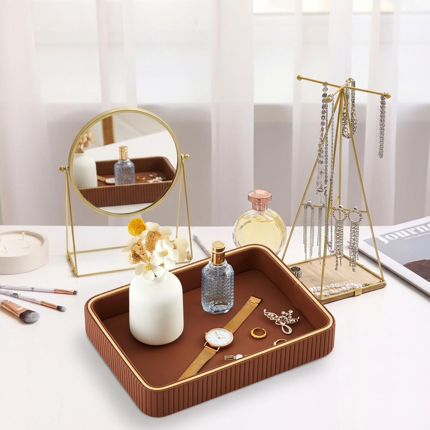 Fiwochic PU Leather Valet Tray 11 x 8 x 1.75 Inch Desktop Storage Organizer Catchall Bedside Table Tray Nightstand Caddy Holder for Men Women Gift for Key Bowl Wallet Phone Coin Vanity Perfume