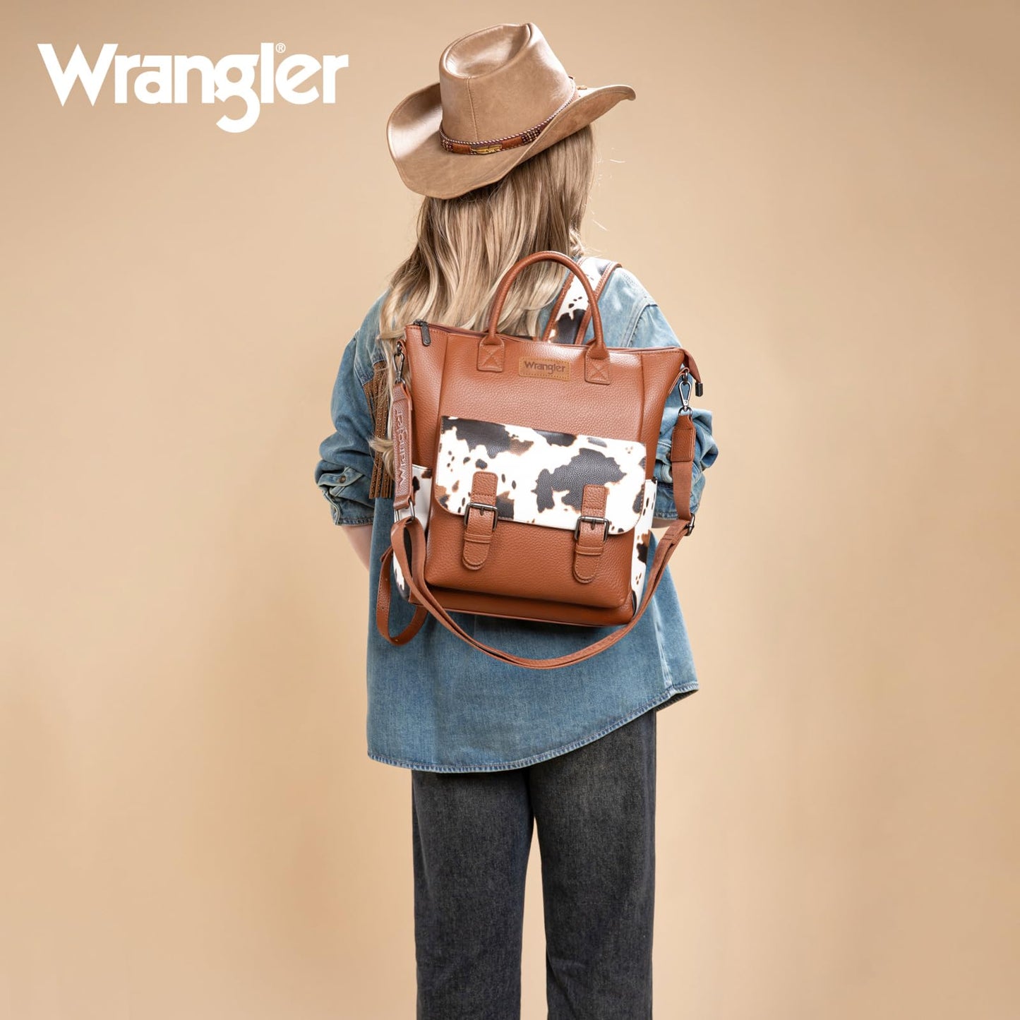 Montana West Wrangler Womens Convertible Backpack Purse Cow Printed Backpack with Adjustable Crossbody Shoulder Strap for Work Travel WG175-9110COW-BR