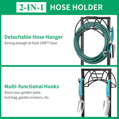 TomCare Garden Hose Holder 4 Spikes Garden Hose Reel Hose Stand Upgraded Water Hose Storage with Tool Hooks Garden Hose Hanger Organizer Holds 160ft Hoses for Outside Yard Lawn, Black