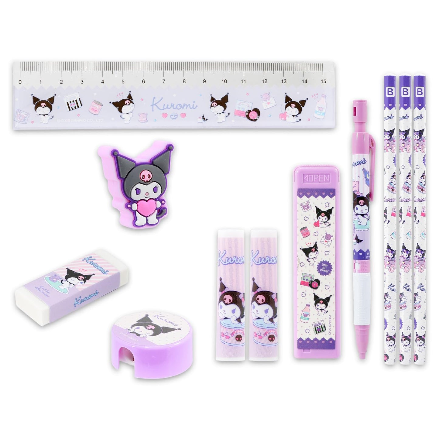 Kuromi School Supplies Pack - 11 Pc Bundle with Sanrio Pencils, Mini Ruler, Eraser, Pencil Topper, Stickers, More for Kids, Girls | Kuromi Back to School Supplies