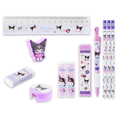Kuromi School Supplies Pack - 11 Pc Bundle with Sanrio Pencils, Mini Ruler, Eraser, Pencil Topper, Stickers, More for Kids, Girls | Kuromi Back to School Supplies