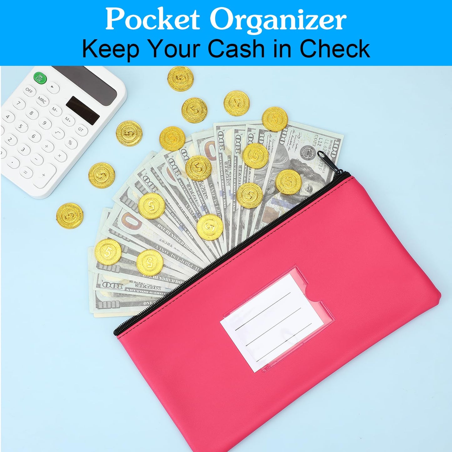 10 Pack Money Bags with Zipper, PU Leather Cash Pouches with Label, 11 x 6 Inches, Bank Deposit Bag for Coins, Bills, Checks, Invoices, Cosmetics, Tools, 10 colors