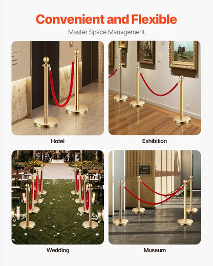 VEVOR Stanchions and Velvet Ropes 4Pcs, Hollow Base with Stainless Steel Post, 2 Red Velvet Ropes and Posts, Crowd Control Barriers Gold Stanchions, Red Carpet Runner Poles for Party Supplies