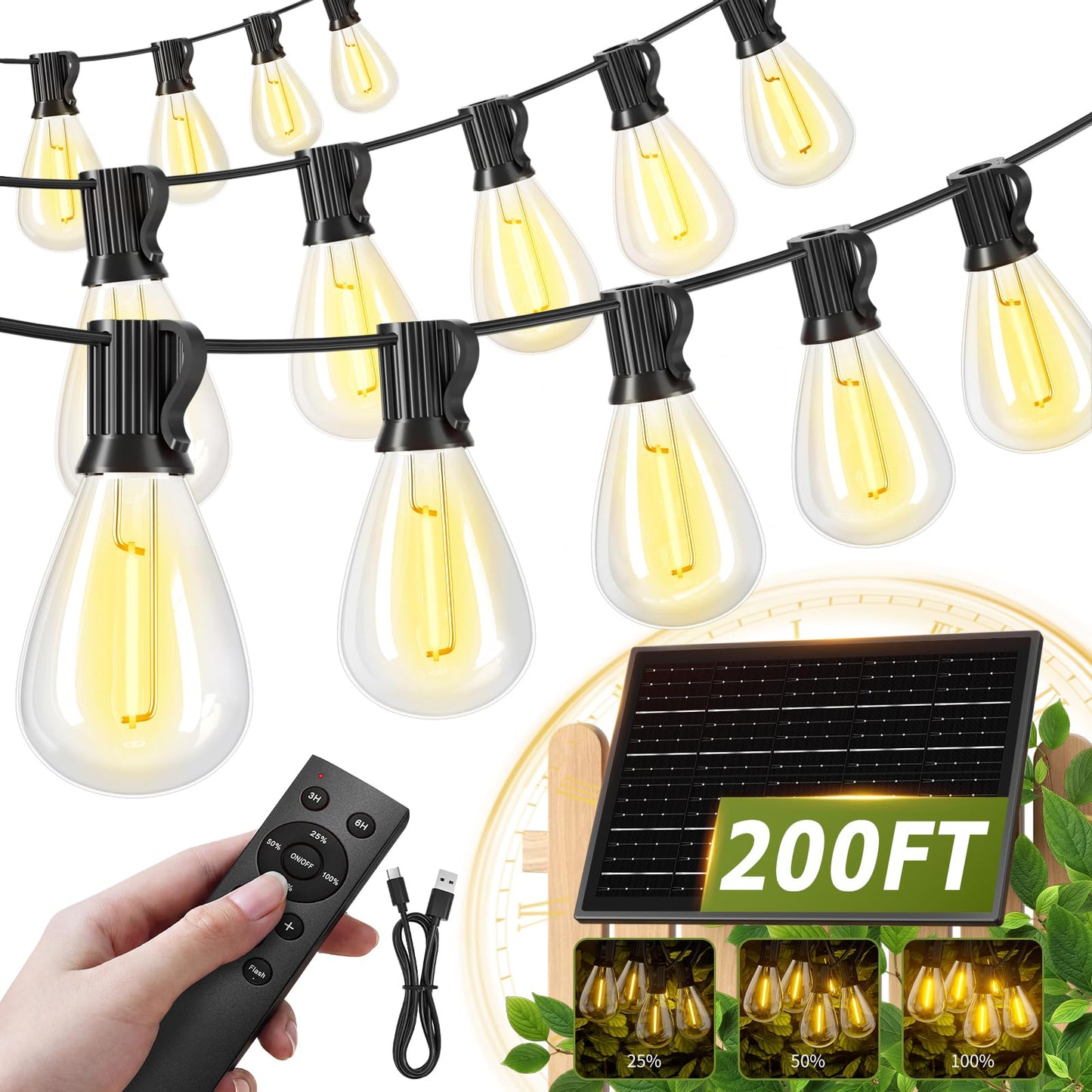 Amzrap 200FT Solar String Lights Outdoor Waterproof 72+2 LED Bulbs, Solar Powered with Remote & USB Port, 3 Light Modes Dimmable Patio Lights for Large Backyard, Garden, Party