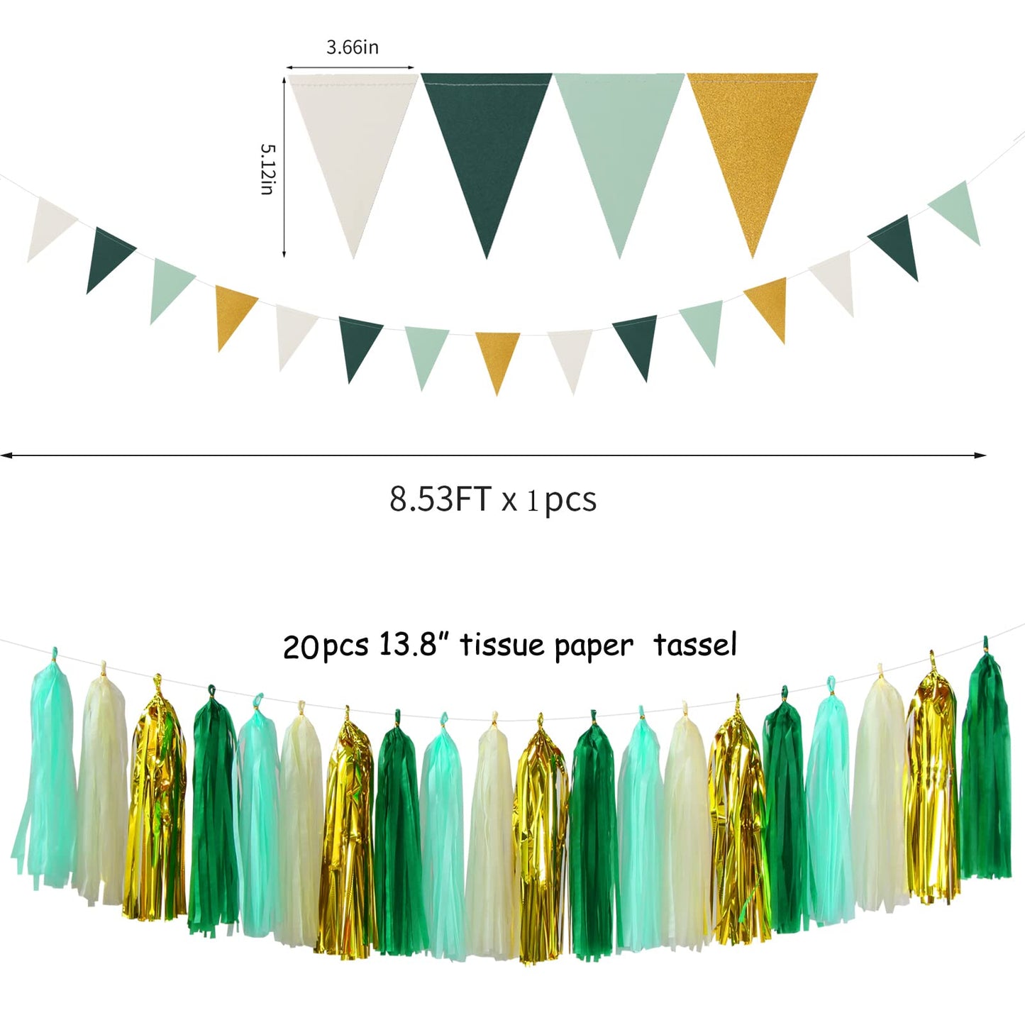 Sage-Green Beige-Gold Baby Bridal-Shower Decorations - 30pcs Rustic Wedding Tissue Pom Poms,Tassel Garland Banner,Birthday Gender Reveal Bachelorette Engagement Party Decor Bunting Lasting Surprise