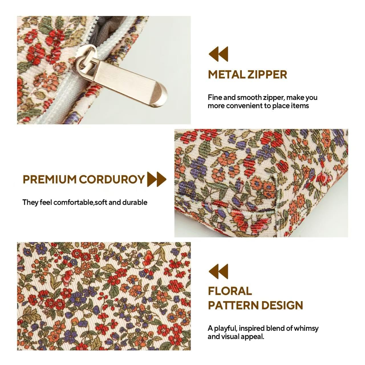 3Pcs Floral Makeup Bags, Cosmetic Bags for Women, Large Capacity Corduroy Makeup bag Set and Portable Mini Makeup Bag,Aesthetic Women Handbags Purses, Travel Essentials Aesthetic Stuff (Floral 01)