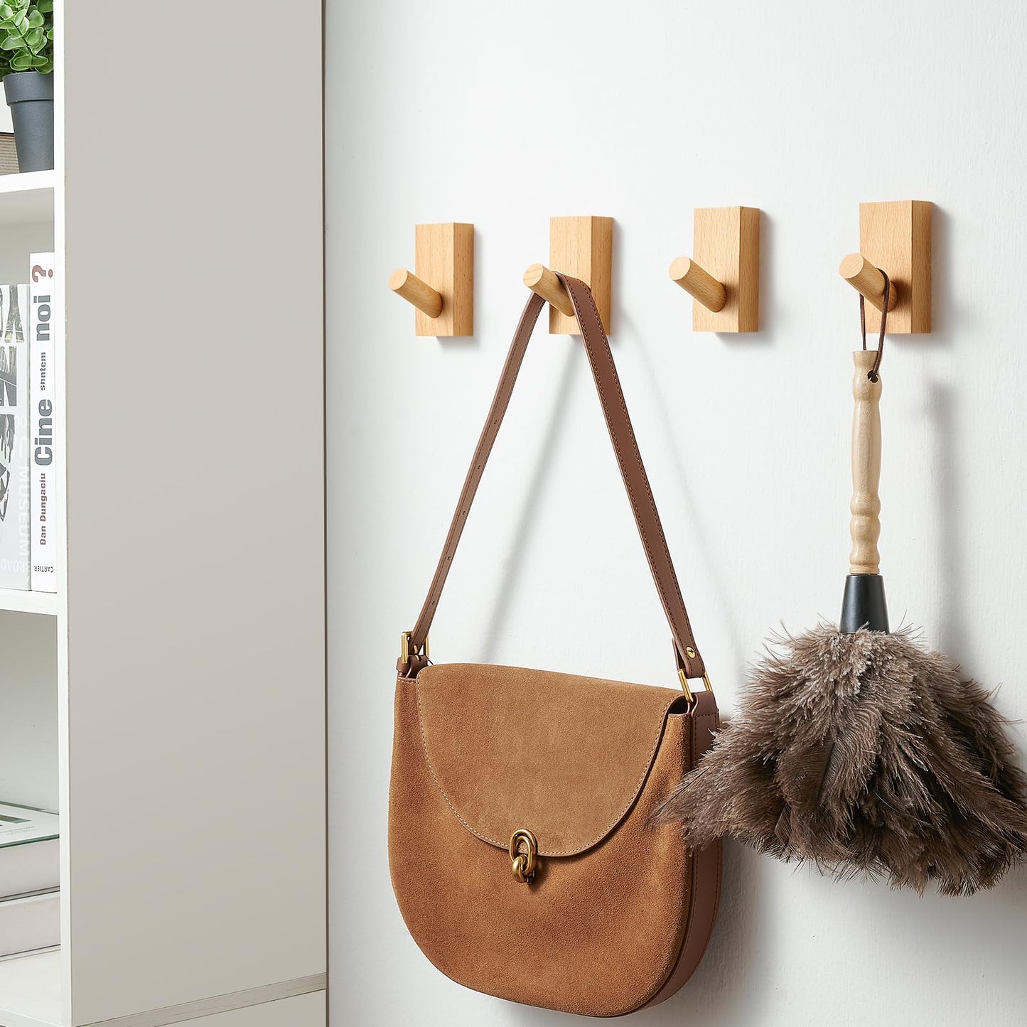 Felidio Natural Wooden Wall Hooks, Adhesive & Screw Mount Coat and Towel Hooks - Decorative Key Holder, Hat Rack, Stocking Wall Hangers for Bathroom Entryway Closet - 6 Pack, Beech Wood