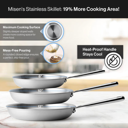 Misen 5-Ply Stainless Steel 10" Frying Pan - Professional Cookware for Induction, Gas and Electric - Dishwasher Safe, Oven Safe to 800°F - Durable, Versatile, Even Heating