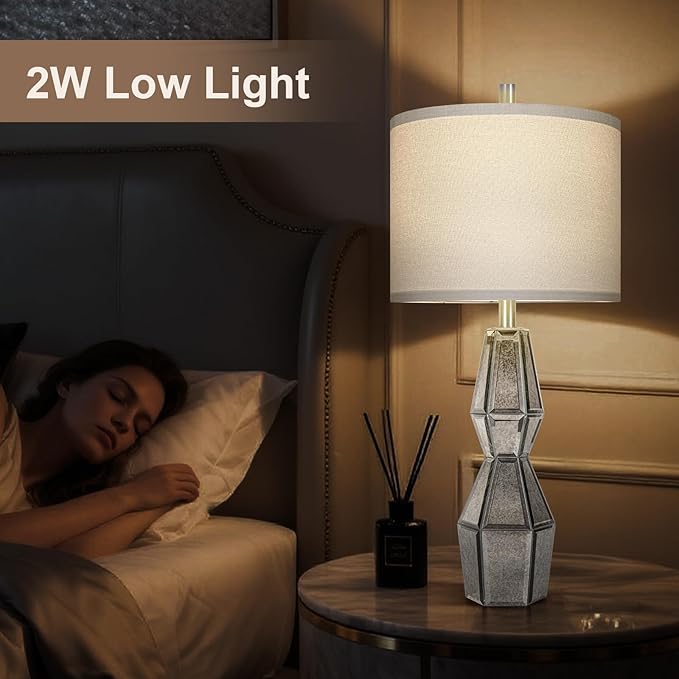 28" Vintage Table Lamps for Bedroom,Antique Bedside Lamp for Living Room with USB A+C Ports,Glass Table Lamps with Linen Shade,3-Way Dimmable Bulb,Nightstand Lamp for Home Hotel Decor(Bulb Included)