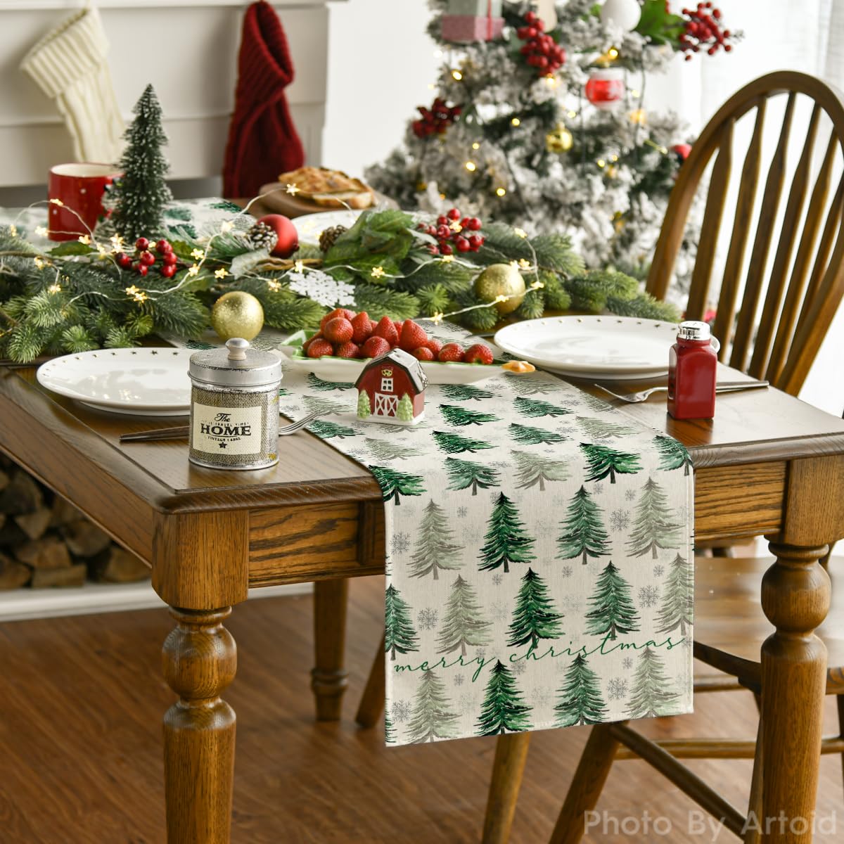 Artoid Mode Xmas Trees Snowflake Christmas Table Runner, Seasonal Winter Green Kitchen Dining Table Decoration for Home Party Decor 13x72 Inch
