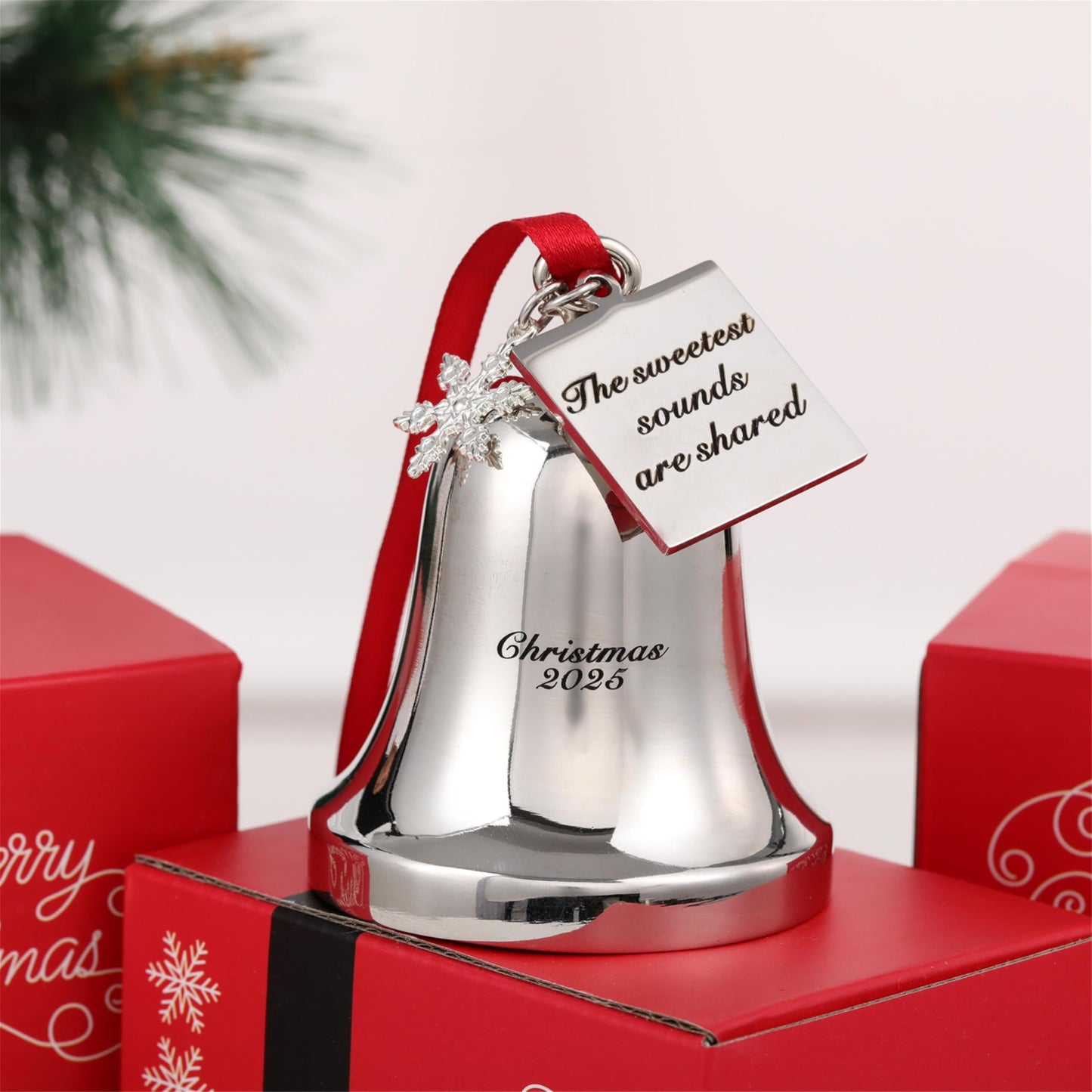 JUPPE 2026 Silver Christmas Bell Ornament with Snowflake Charm, Silver Metal Tag Engraved- The Sweetest Sounds are Shared, Red Ribbon (Silver 2)