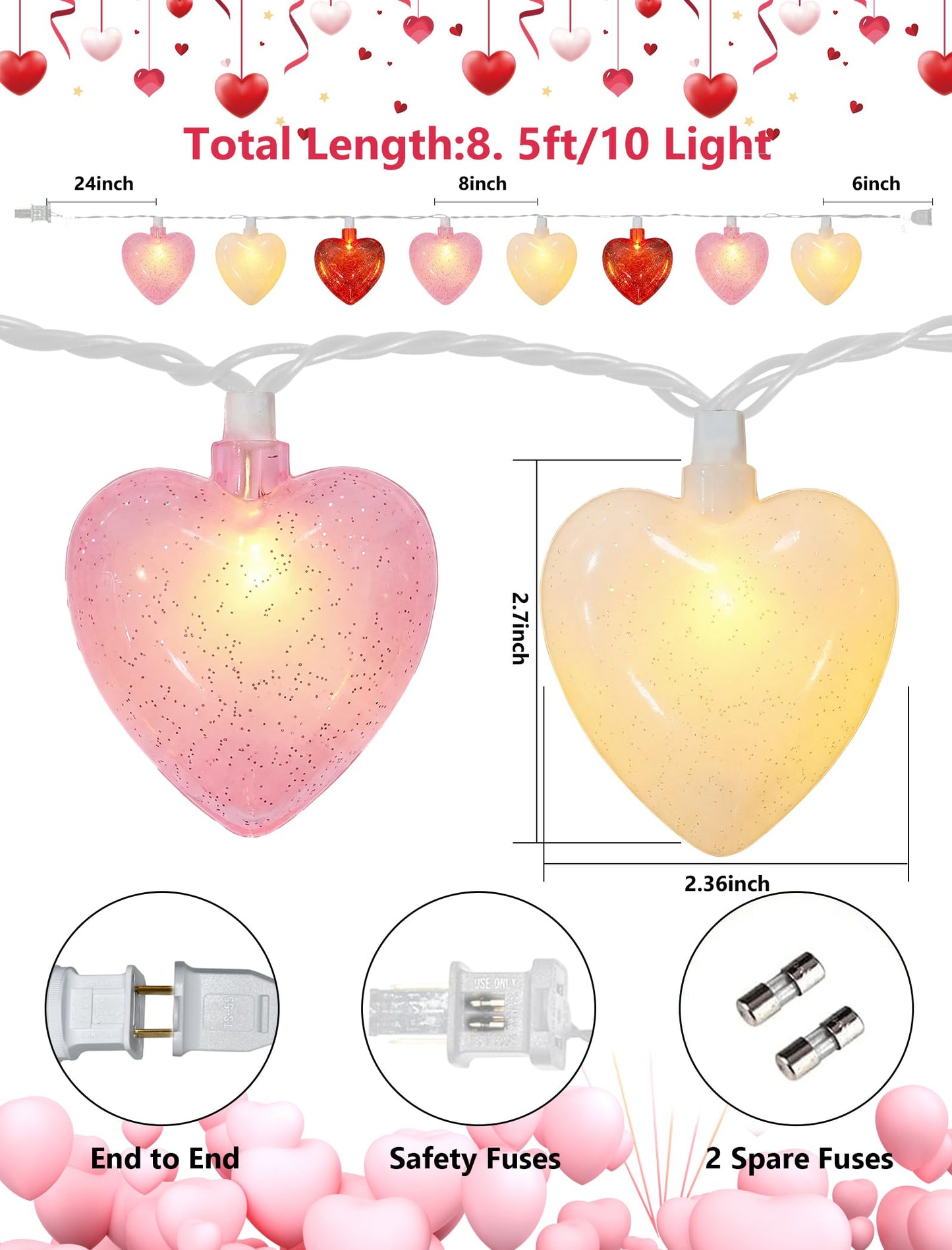 8.5ft Valentine’s Day Heart String Lights Plug in, Valentines Lights with 10 LED Red Pink White Shatterproof Bulbs, Fairy Lights for Indoor Outdoor Home Decor Wedding Party Birthday, Warm White