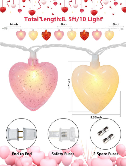 8.5ft Valentine’s Day Heart String Lights Plug in, Valentines Lights with 10 LED Red Pink White Shatterproof Bulbs, Fairy Lights for Indoor Outdoor Home Decor Wedding Party Birthday, Warm White