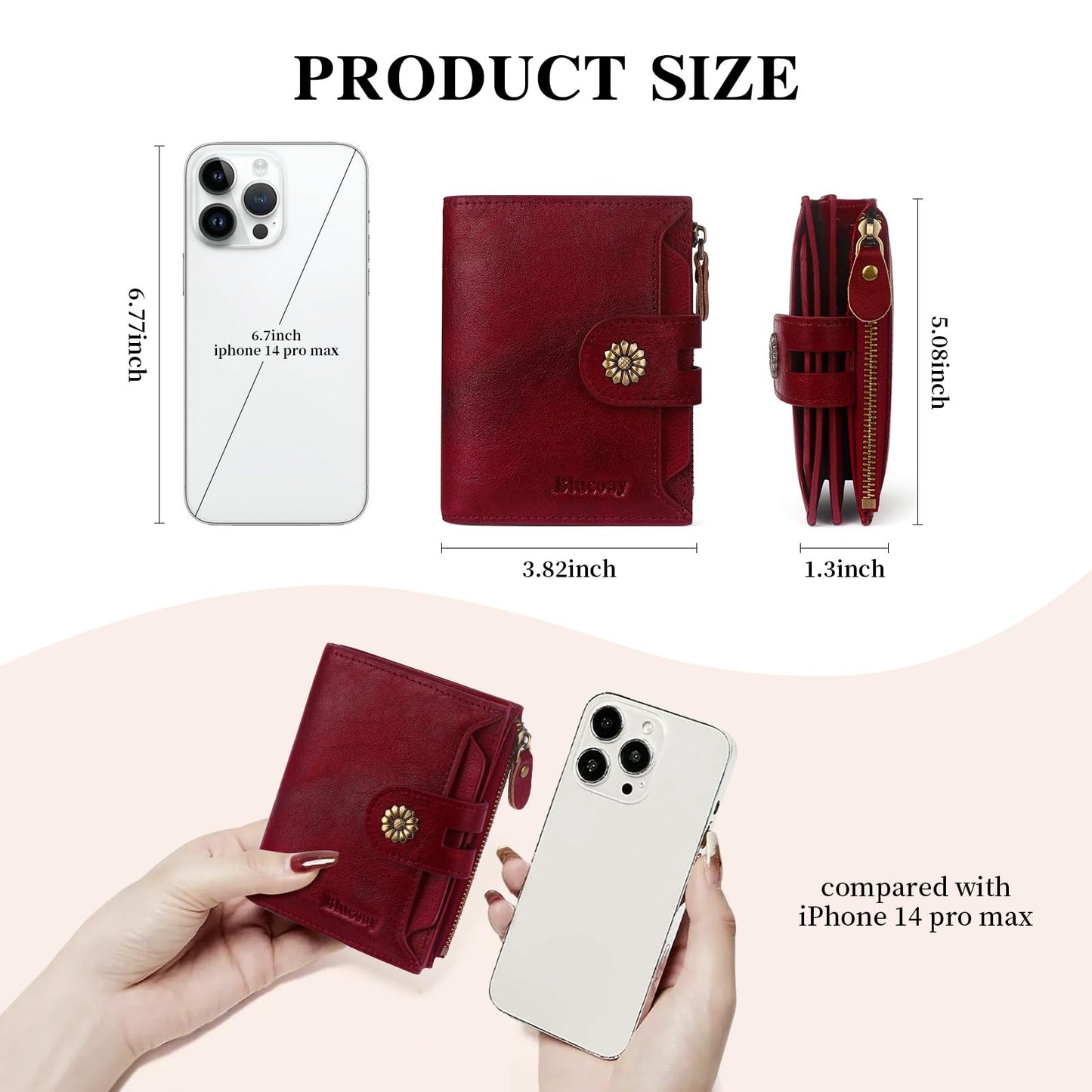 Blucoay Wallet Women,RFID Blocking Real Leather Womens Wallet Bifold Compact Card Holder Small Wallet for Women with Removable ID Window Red