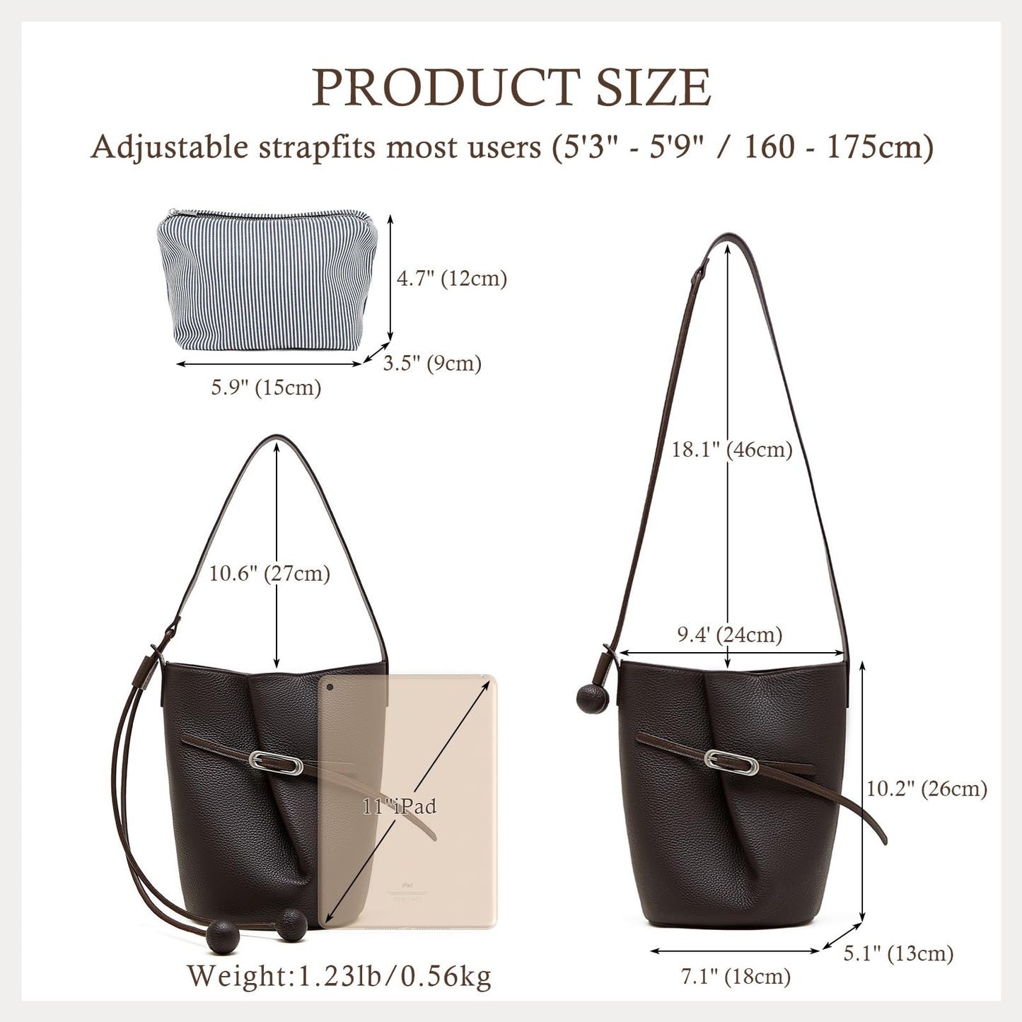 MoreFarther Genuine Leather Bucket Bag for Women, Adjustable Shoulder Bag for Work, Travel, Everyday Use (Chocolate Brown)