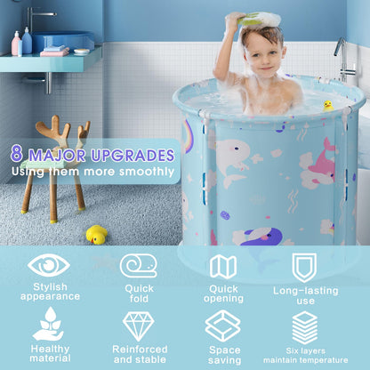 Portable Bathtub, Foldable Bathtub for Kids, Boys and Girls, Therapy Tub for Shower Stall Bathroom Fold Up Japanese Soaking Hot SPA Bath Tub, Outside Ice Bath 21.65''x23.62''(Ocean World Blue)