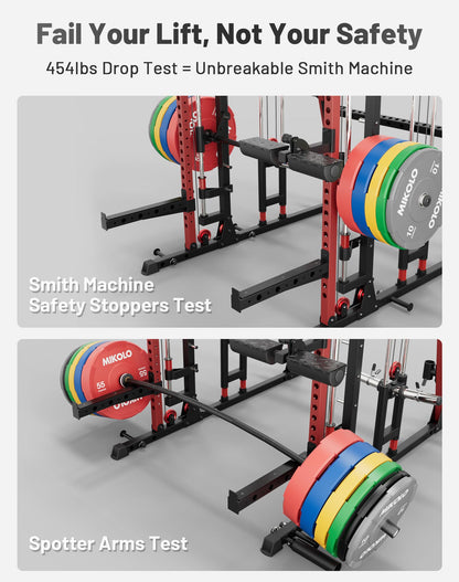 Mikolo M4 2.0 Ultra Smith Machine with Aluminum Pulles, All-in-One Home Gym Power Cage with LAT Pulldown & Cable Crossover, Squat Rack for Full Body Workouts (Red)