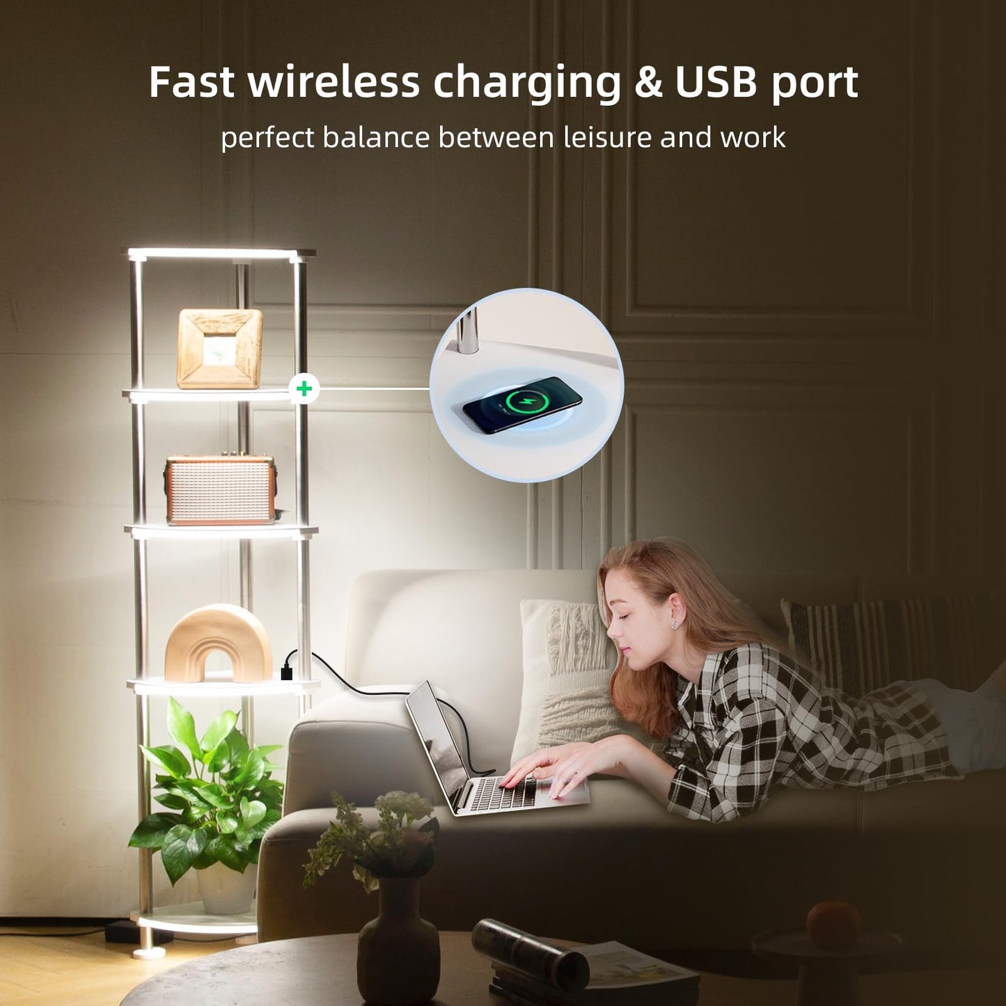 HOPEDAMAI Floor Lamp with Shelves Height Adjustable Music Sync LED Corner Floor Lamp with Charging Stationl Dimmable and Timing RGB Standing Lamp for Christmas Gifts White 5-Tier