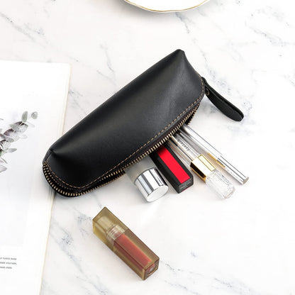 RZEOTPII Pen Pouch Pencil Bag Black Leather Pencil Holder Small Portable Zipper Case for Fountain Pen Markers Makeups Change Coins,Gift for Adults Mens Womens (Black)