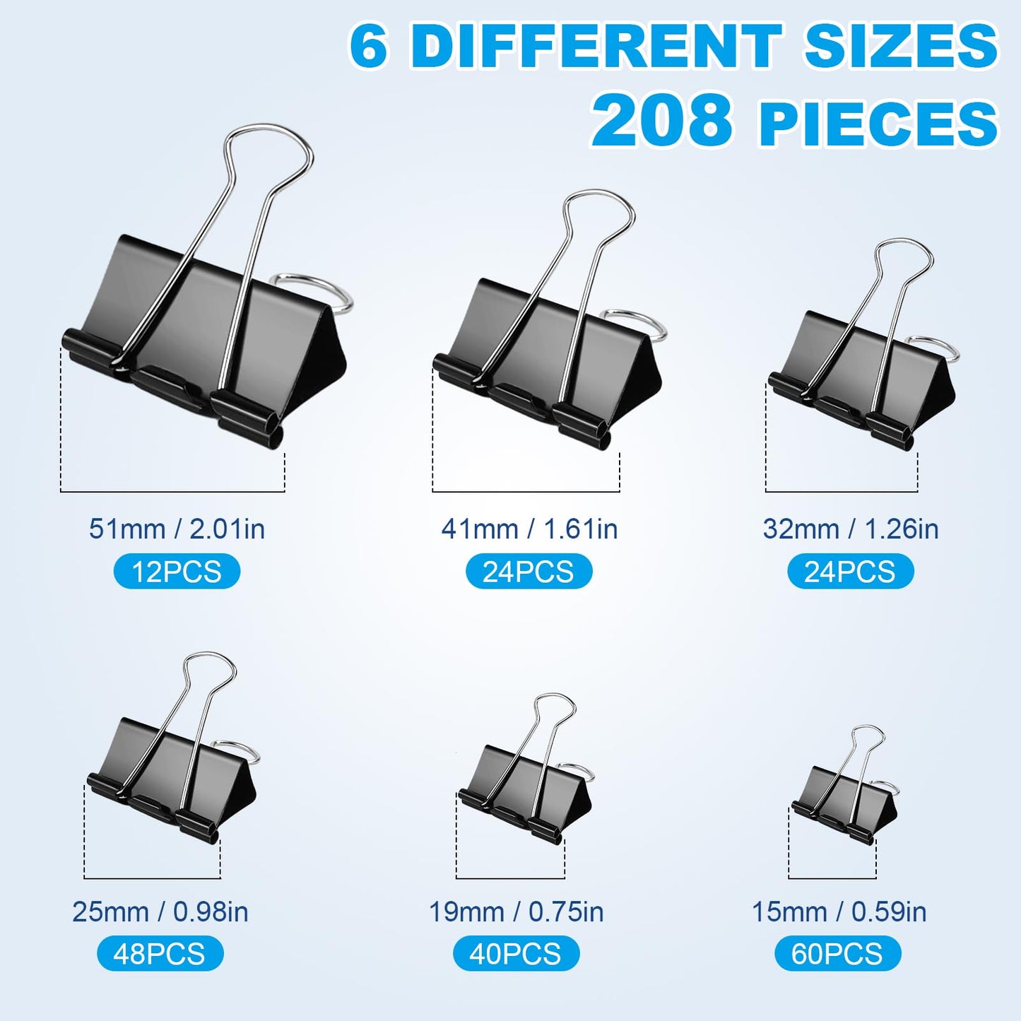 208 PCS 6 Sizes Binder Clips Assorted Sizes Including Extra Large Medium Small Black Clips Office Supplies Black Paper Clips Paper Clamps for Office Home School Bussiness