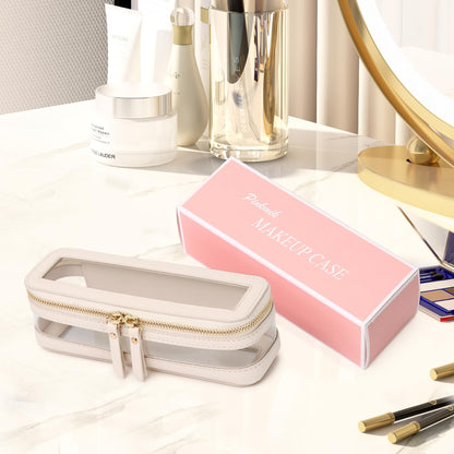 Pinkmik Makeup Brush Case Clear Travel Cosmetic & Toiletry Bag Slim Makeup Bag with Zipper Small Purse Organizer for Women Beige