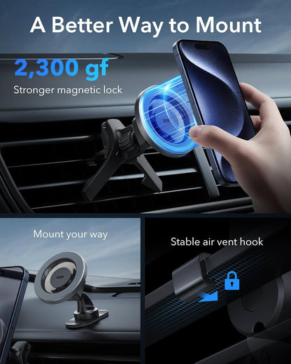 ESR for MagSafe Car Mount, Magnetic Phone Holder for Car Air Vent, Car Phone Holder Mount for iPhone 17/16/16e/15/14/13/12/Samsung, All Smartphones(2 Metal Rings Included),Charging Not Supported