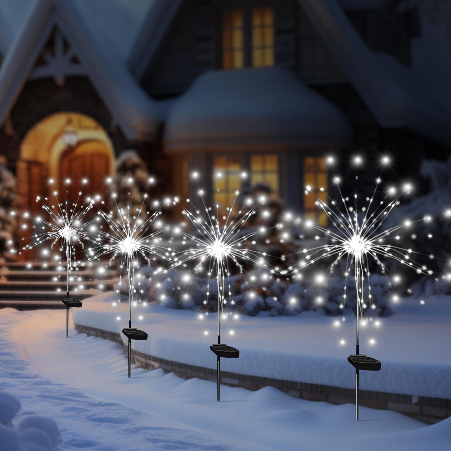 Solar Garden Firework Lights Outdoor Waterproof, 4 Pack Solar Powered Art Stake Twinkle Lighting for Outside Decor, 120 LED Sparklers String Lights for Yard Pathway Decorations(White)