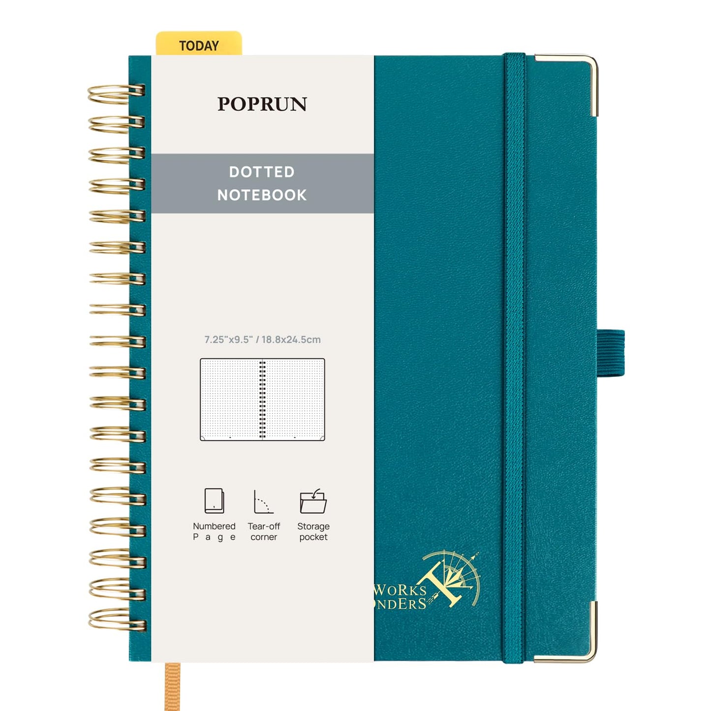 POPRUN Spiral Bullet Dotted Journal Notebook, 7-1/4" x 9-1/2" - 120 GSM Thick Paper, 220 Numbered Pages, Hardcover for Men & Women with Pocket, Index Tabs, 8 Perforated Sheets, Pacific Green