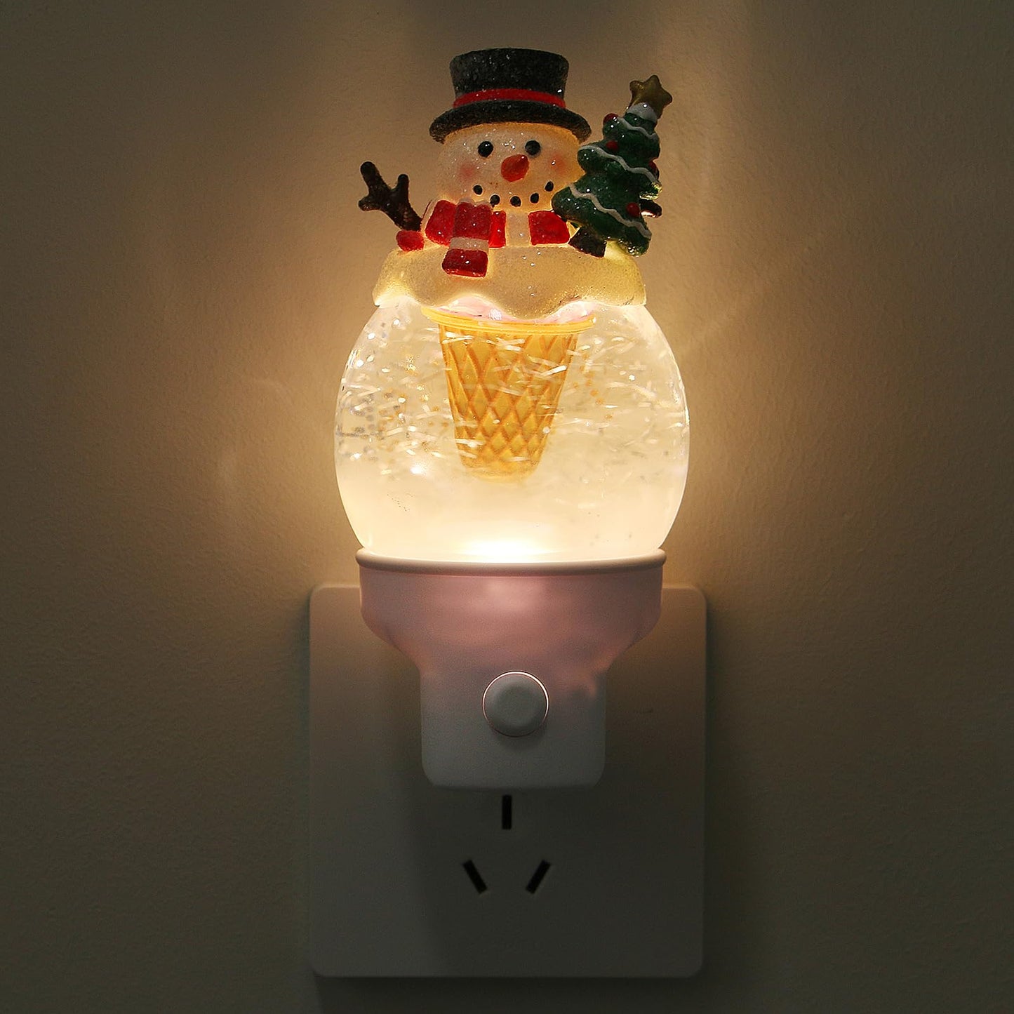 Christmas Night Light Plug into Wall Glitter Water Nightlight with USB/Outlet Options, Christmas Snowman Ice Cream Decorative Nightlight for Bedroom Holiday Decorations Gifts (Snowman Ice Cream)